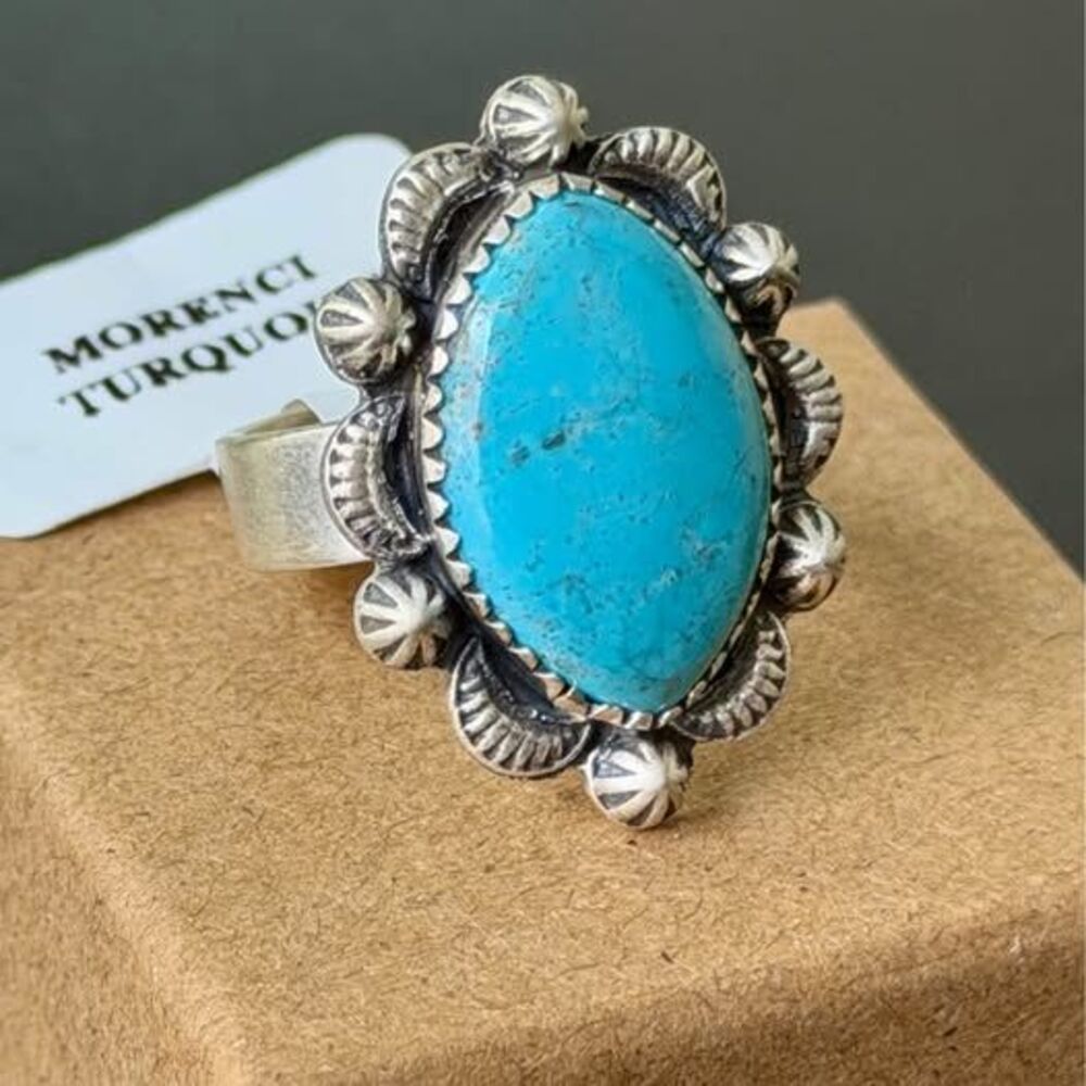 Morenci Turquoise Sterling Silver Ring – Adjustable Size 6–8